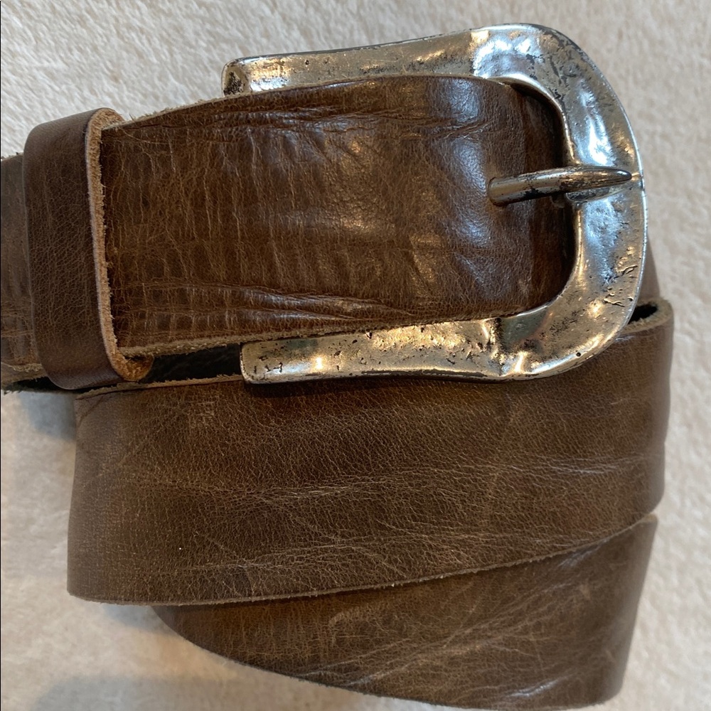 Brave Leather statement silver buckle taupe brown leather belt Sz 34 - Picture 2 of 10